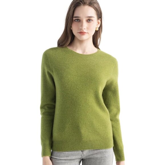 Women's Cashmere Sweater Large Green Crew Neck Soft Light Seamless Knit